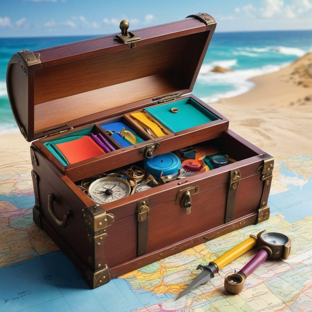 An open treasure chest overflowing with colorful tools and scrolls representing various types of complimentary content, such as blog posts, videos, and infographics. A compass placed on top, symbolizing guidance and navigation in content creation. The background features a serene ocean and an adventurous map, suggesting exploration and growth. The colors should be bright and inviting, with a whimsical illustration style. vibrant colors. whimsical illustration.