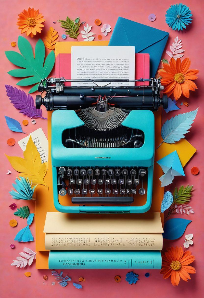 A whimsical collage featuring a typewriter, a laptop, and a stack of colorful books, symbolizing the transition from articles to blogs. Surround these elements with playful icons representing creativity, like paintbrushes, light bulbs, and paper airplanes, against a vibrant background. Incorporate elements of nature like leaves and flowers to signify growth and inspiration. The overall mood should be bright and inviting, encouraging exploration and creativity. vibrant colors. 3D. playful design.